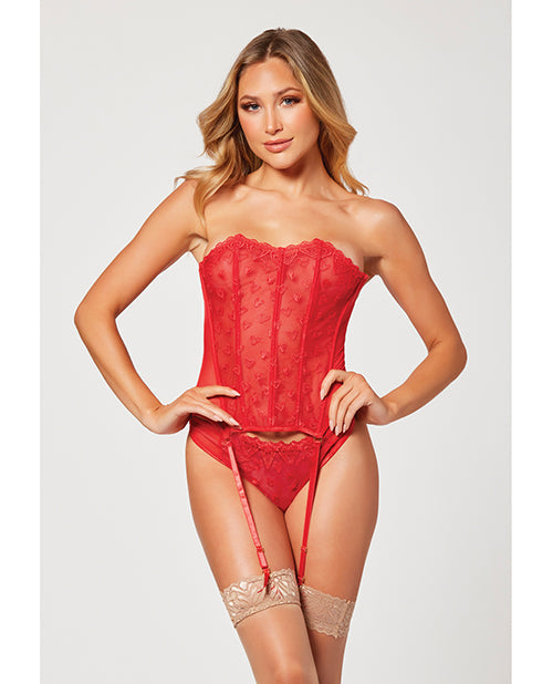Valentines Heart Embroidered Mesh Bustier &amp; Panty Red LG