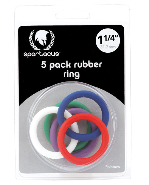 Spartacus 1.25&quot; Rubber Cock Ring Set - Rainbow Pack of 5